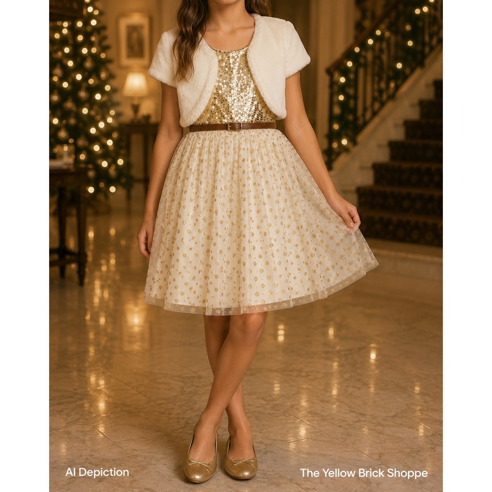 Knit Works Girls Gold Sequin Tulle Dress and Faux Fur Shrug Set Size 16 Cream